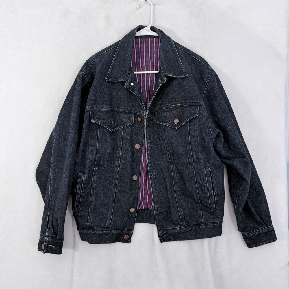 Wrangler Denim Jacket Mens M Black Plaid Line Trucker Western Outdoor